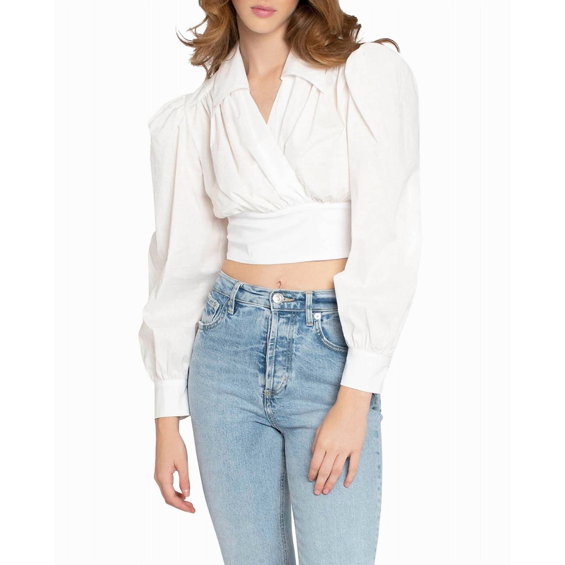 New Nicole Miller Cotton Poplin Wrap Top In Wwhite